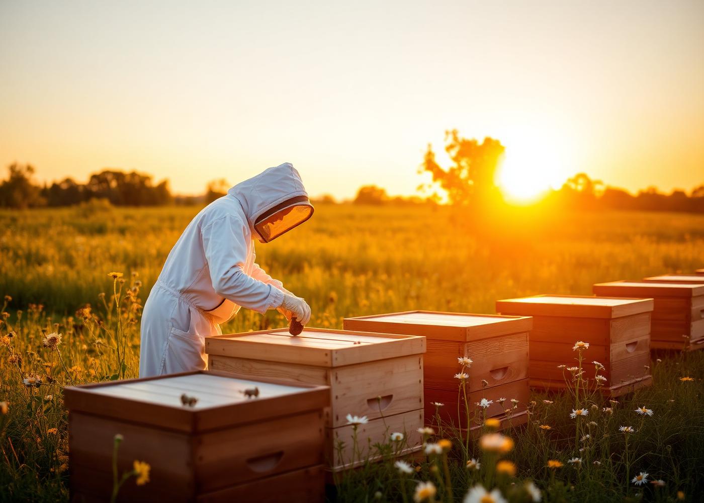 Beekeeper at sunset